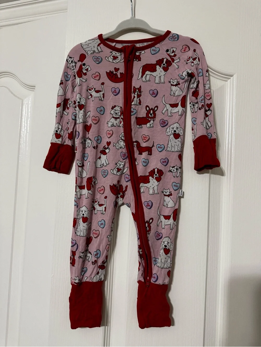 Little Sleepies Valentine’s Pink Puppy Print Footie with Red Trim